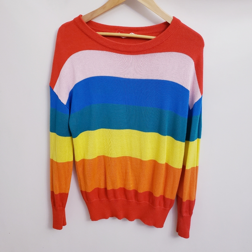 Elodie Rainbow Stripe Colorful Knit Cotton Blend Sweater, Size M